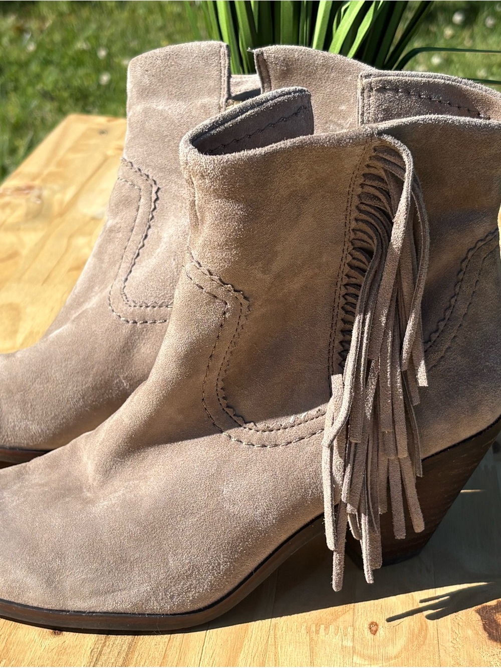 Sam Edelman Taupe Suede Fringe Ankle Booties